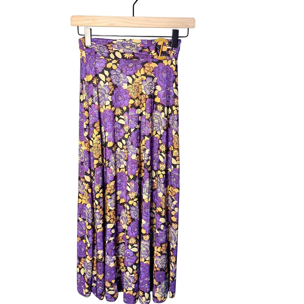 VTG Women's Emily Stacy Long Floral A Line Skirt Belted Purple Cover Up SZ S